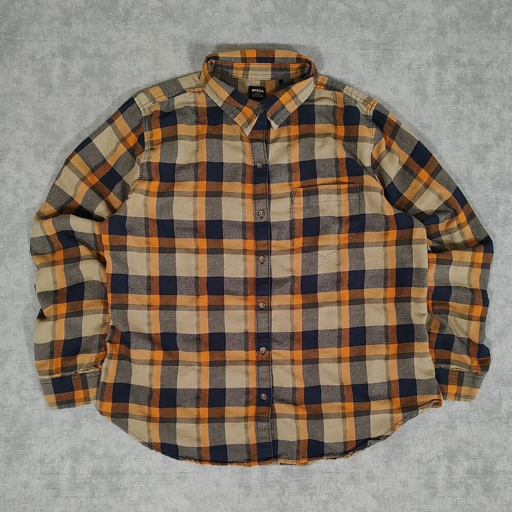 PrAna Alfie Plaid Flannel Button Up Shirt Organic Cotton Womens Medium Outdoor